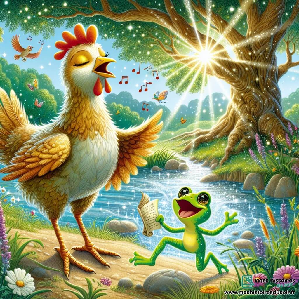 Plumette, une poule aux plumes dorées, se tient fièrement au bord d'une rivière, son regard curieux trahit son envie d'aventure. Elle chante joyeusement, prête à s'envoler. À ses côtés, Gigi, une petite grenouille verte, saute avec un rouleau de parchemin, inquiète mais excitée. En arrière-plan, un chêne majestueux offre de l'ombre, tandis que des fleurs et des herbes dansent au vent. La lumière du soleil crée un jeu d'ombres. La scène montre Plumette chantant pour distraire un dragon, tandis que Gigi se prépare à entrer dans une grotte pour trouver une formule magique, illustrant l'esprit d'aventure et d'amitié.