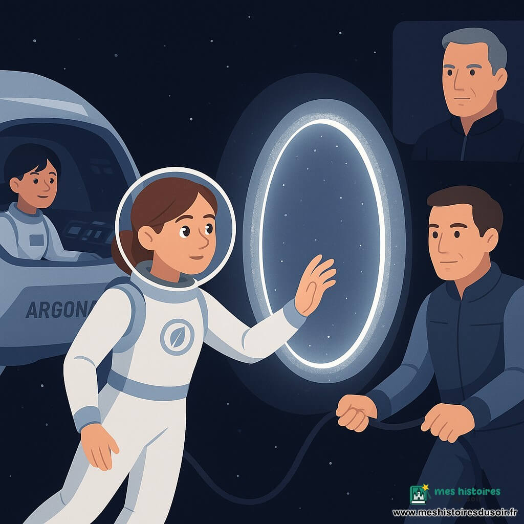Maëlys, femme expressive en combinaison spatiale claire, cheveux châtain attachés, flotte en EVA la main tendue vers une fine porte lumineuse argentée en forme d'arche partielle qui pulse doucement ; elle affiche une curiosité bienveillante et une posture calme et confiante. Jun, ingénieur d'environ 35 ans en EVA proche d'elle, déroule un câble de sécurité sombre à trait lumineux, concentré et protecteur. Sur l'écran du vaisseau, Ivar, capitaine d'environ 50 ans aux cheveux grisonnants et veste sombre, observe la scène avec sérieux protecteur. Dans la navette argentée Argonaute à gauche, Naya, navigatrice d'environ 30 ans aux cheveux noirs courts, suit la manœuvre depuis une console derrière une grande baie vitrée. Fond : vide spatial profond très noir avec quelques étoiles et nébuleuses violettes pâles, la navette flottant doucement et une petite station cylindrique ternie au loin ; l'arche translucide diffuse un éclairage doux créant des reflets argentés sur les casques, atmosphère calme, poétique et mystérieuse.