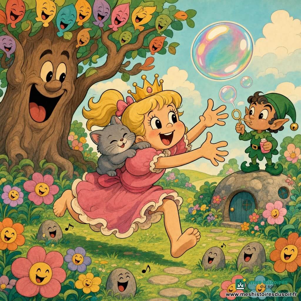 Princesse d'environ 5 ans, joyeuse, visage rond, cheveux blonds en couettes, robe rose à volants, pieds nus, tend la main vers une grosse bulle irisée; petit lutin non humain en costume vert, yeux malicieux, souffle des bulles avec une pipe à savon en se tenant sur une pierre à droite; chaton gris doux, petit, ronronne blotti sur son épaule gauche, moustaches courtes et yeux en amande; grand arbre rigolard à gauche, tronc large avec visage, branches ondulantes et feuilles colorées; jardin lumineux et pastel avec herbe en vagues, fleurs multicolores, petits cailloux chantants et une grosse pierre à petite porte ronde; scène centrée — la princesse court en riant après la bulle géante, le lutin souffle d'autres bulles, le chaton se blottit et l'arbre rit; couleurs douces, contours épais noirs, style cartoon vintage.