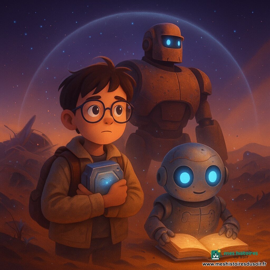 Nino, garçon de 10 ans aux cheveux bruns courts et lunettes un peu grandes, veste poussiéreuse beige et sac à dos usé, serre contre sa poitrine un module métallique brillant; à sa droite SOR-7, petit robot-scribe rond et amical aux grands yeux bleus, tient un grimoire scintillant, et derrière eux RUP-12, imposant robot de récupération couleur rouille et acier, veille comme un gardien. Ils se tiennent dans un cimetière d'épaves au milieu d'un désert cosmique — coques de vaisseaux émergent des dunes de sable noir, fils étincelants, verres brisés et petites plantes argentées entre les carcasses — tandis qu'une tempête de sable cosmique approche, des étincelles bleues flottent et un dôme translucide commence à se former autour du trio. Palette: ocres et noirs du sable, éclats métalliques argentés et cuivrés, néons bleus et violets; style enfantin détaillé, formes douces, expressions lisibles, atmosphère aventureuse et réconfortante.