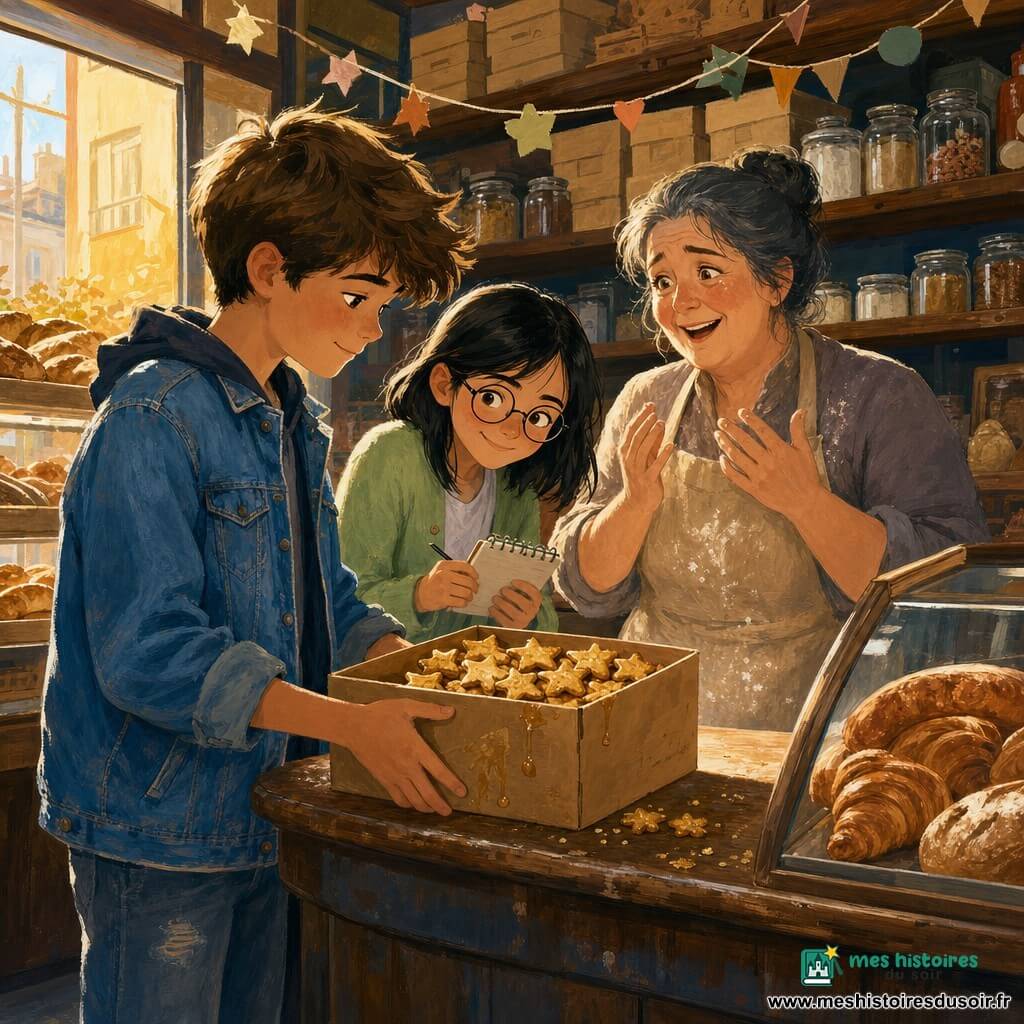 Malo, 12 ans, cheveux châtains en mèche rebelle, veste en jean et jeans usés, pose doucement sur le comptoir une boîte en carton pleine de petits biscuits étoilés couverts de miel; Inès, 11 ans, cheveux noirs coupés droits, lunettes rondes et gilet vert clair, tient un carnet et se penche pour examiner la boîte; Madame Lenoir, boulangère d’environ 45 ans au visage chaleureux et cheveux grisonnants en chignon, vêtue d’un tablier poudré de farine, se tient derrière le comptoir les yeux humides de joie; petite boulangerie de quartier aux étagères garnies, vitrine éclairée de lumière dorée, comptoir en bois patiné, carrelage simple; scène de restitution et de surprise collective, miel collant sur le carton, miettes d’étoiles et petites guirlandes en arrière-plan.