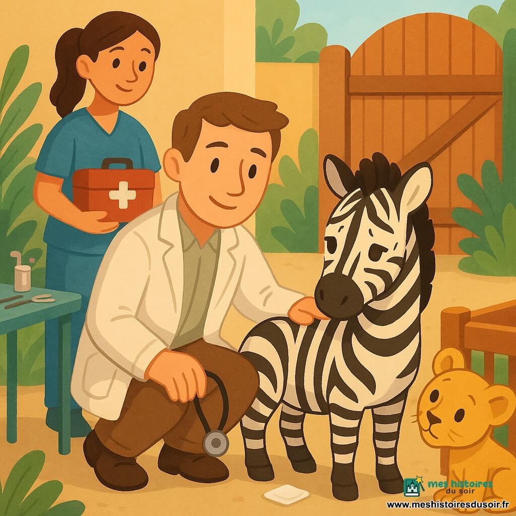 Hugo, vétérinaire souriant à la peau claire et cheveux châtains courts, accroupi en veste blanche légèrement froissée, examine doucement Zoé la zébrelle aux rayures noires et blanches en posant la main sur son flanc et tenant un petit stéthoscope argenté; Mélodie, assistante vétérinaire d'environ 25–30 ans aux cheveux attachés en queue de cheval et blouse bleue, se tient derrière lui avec une boîte à médicaments fermée, une petite compresse blanche est posée à côté; Léo le lionceau au pelage doré et yeux curieux est assis à droite près d’un enclos en inclinant la tête; décor : coin de zoo lumineux au sol de terre claire avec quelques plantes vertes, une table métallique d’instruments colorés, une grande porte d’enclos en bois peint et une pancarte en relief « Infirmerie »; ambiance calme et rassurante, lumière douce du matin, couleurs chaudes, style vectoriel simple aux volumes arrondis et contours propres.
