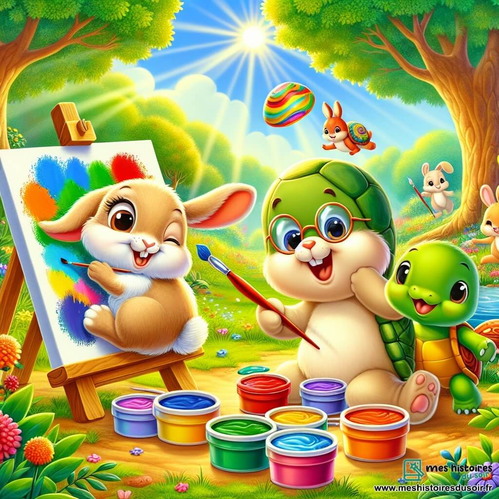Illustration d'un petit lapin aux grandes oreilles, au pelage beige soyeux et aux yeux pétillants, peignant un tableau coloré avec un grand sourire, entouré de pots de peinture vives. À côté, une petite tortue à carapace verte et lunettes rondes observe avec curiosité, prête à participer. Un écureuil roux s'amuse à lancer un frisbee, tandis qu'un groupe de lapins colorés peint des paysages forestiers. La scène se déroule dans une clairière ensoleillée, entourée d'arbres majestueux et de fleurs multicolores, avec des rayons de soleil filtrant à travers les branches, créant une atmosphère joyeuse. Le petit lapin et ses amis s'adonnent à des activités artistiques, remplissant l'air de rires et de couleurs éclatantes, avec des palettes et des pinceaux éparpillés autour d'eux.