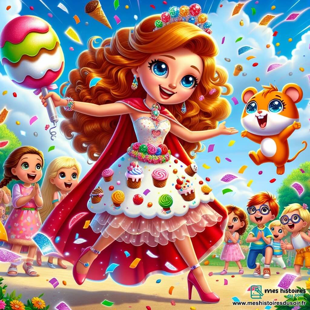 Super Soline, une jeune femme souriante aux cheveux longs et bouclés châtains, porte une cape rouge et un costume coloré avec des motifs de glaces. Elle jongle joyeusement avec des confettis brillants, rayonnante de bonheur. À ses côtés, Biscuit, un petit hamster orange vif, saute entouré de confettis multicolores. En arrière-plan, un groupe d'enfants émerveillés, dont une petite fille aux cheveux blonds tressés applaudissant et un garçon aux lunettes riant avec un ballon, les observe. La scène se déroule dans un parc ensoleillé de Rigoloville, avec des arbres, des fleurs et un ciel bleu. Super Soline et Biscuit divertissent les enfants en faisant pleuvoir des confettis, transformant un moment ordinaire en fête joyeuse.