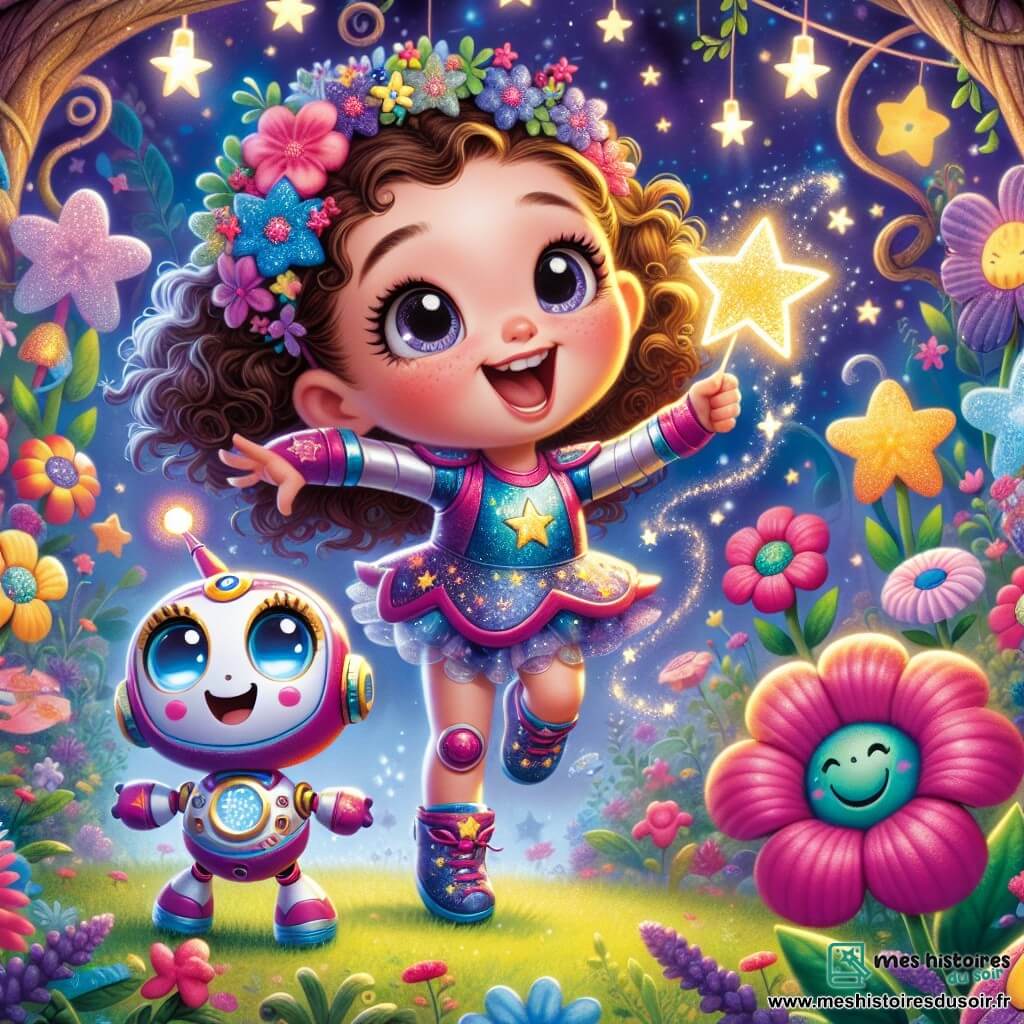 Lila, une petite fille de 6 ans, se tient au centre de l'image, avec de grands yeux ronds et des cheveux bouclés. Elle porte une combinaison spatiale colorée, ornée d'étoiles, et danse dans un jardin magique, rayonnant de joie. À ses côtés, Zappy, un petit robot rond avec des yeux lumineux et un sourire amical, flotte en tenant une étoile brillante. Le jardin est fantastique, rempli de fleurs multicolores chantantes et d'arbres torsadés, sous un ciel étoilé. Lila et Zappy célèbrent la découverte d'une étoile magique, entourés de fleurs applaudissant, tandis qu'une douce mélodie flotte dans l'air.
