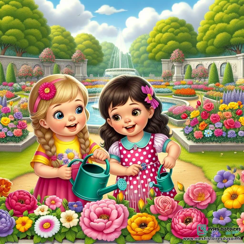 Deux filles, Lila et Zoé, âgées de cinq ans, se tiennent au centre de l'image. Lila a de longs cheveux bruns et porte une robe rose à pois, tandis que Zoé a des cheveux blonds en tresse et un t-shirt jaune avec un dessin de fleur. Elles arrosent des fleurs colorées avec de petits arrosoirs dans un jardin rempli de roses, tulipes et marguerites. En arrière-plan, une fontaine en pierre est entourée d'arbres verts sous un ciel bleu clair avec quelques nuages. L'image montre Lila et Zoé prenant soin des fleurs tout en réalisant l'importance de protéger leur environnement. Elle illustre la nécessité de préserver la nature et de prendre soin de notre planète.