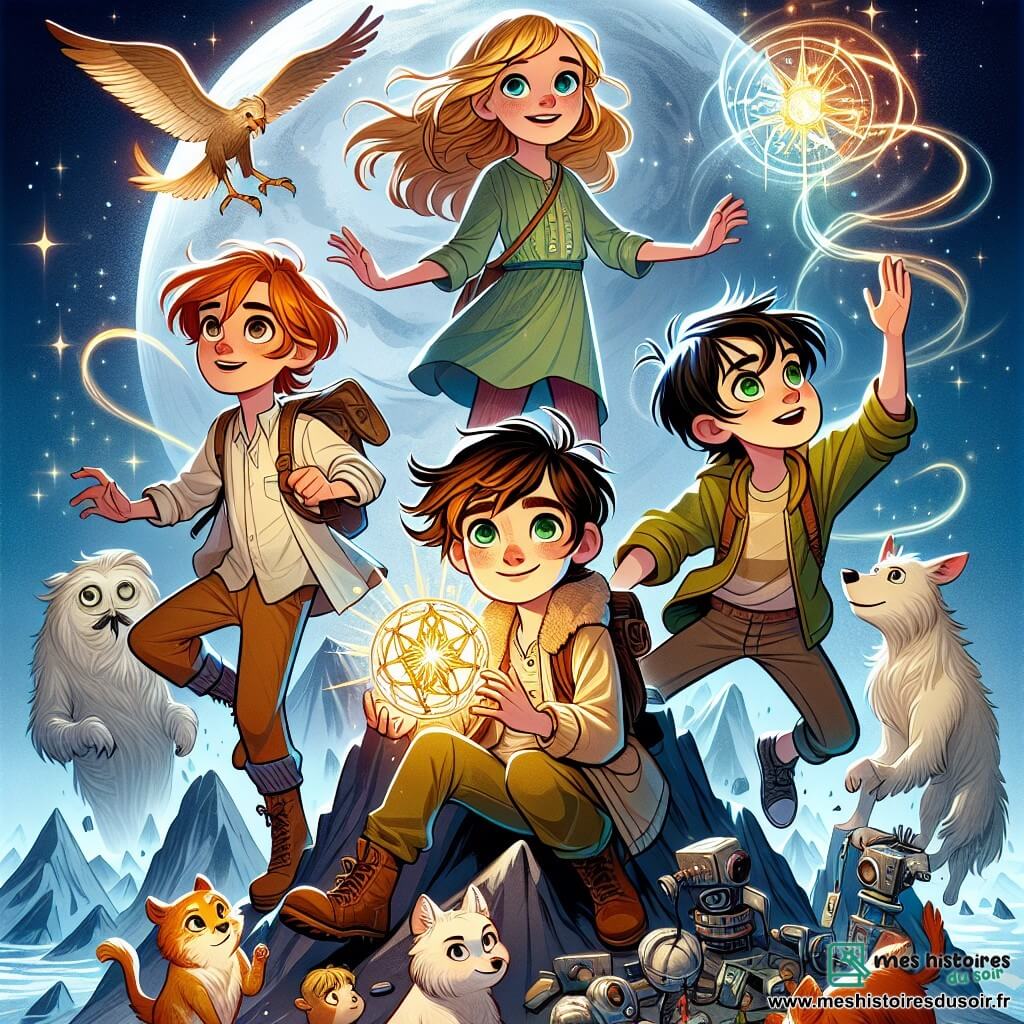 Au sommet du Mont Lunaire, quatre enfants se tiennent ensemble, illuminés par une étoile filante magique. Léna, 10 ans, aux cheveux dorés, est à gauche, entourée d'animaux, émerveillée. Hugo, 9 ans, aux lunettes rondes et cheveux bruns, est à droite avec une machine brillante, curieux. Max, 11 ans, aux cheveux noirs et stature athlétique, lève les bras pour contrôler le vent, déterminé. Zoé, 10 ans, aux cheveux roux et yeux verts, est au centre, tendant les mains vers une pierre précieuse scintillante. Le Mont Lunaire, majestueux, avec des sommets argentés et des rochers brillants, crée une ambiance féerique. Les enfants découvrent l'Étoile de l'Harmonie, qui leur confie la mission de rétablir l'équilibre entre science et magie.
