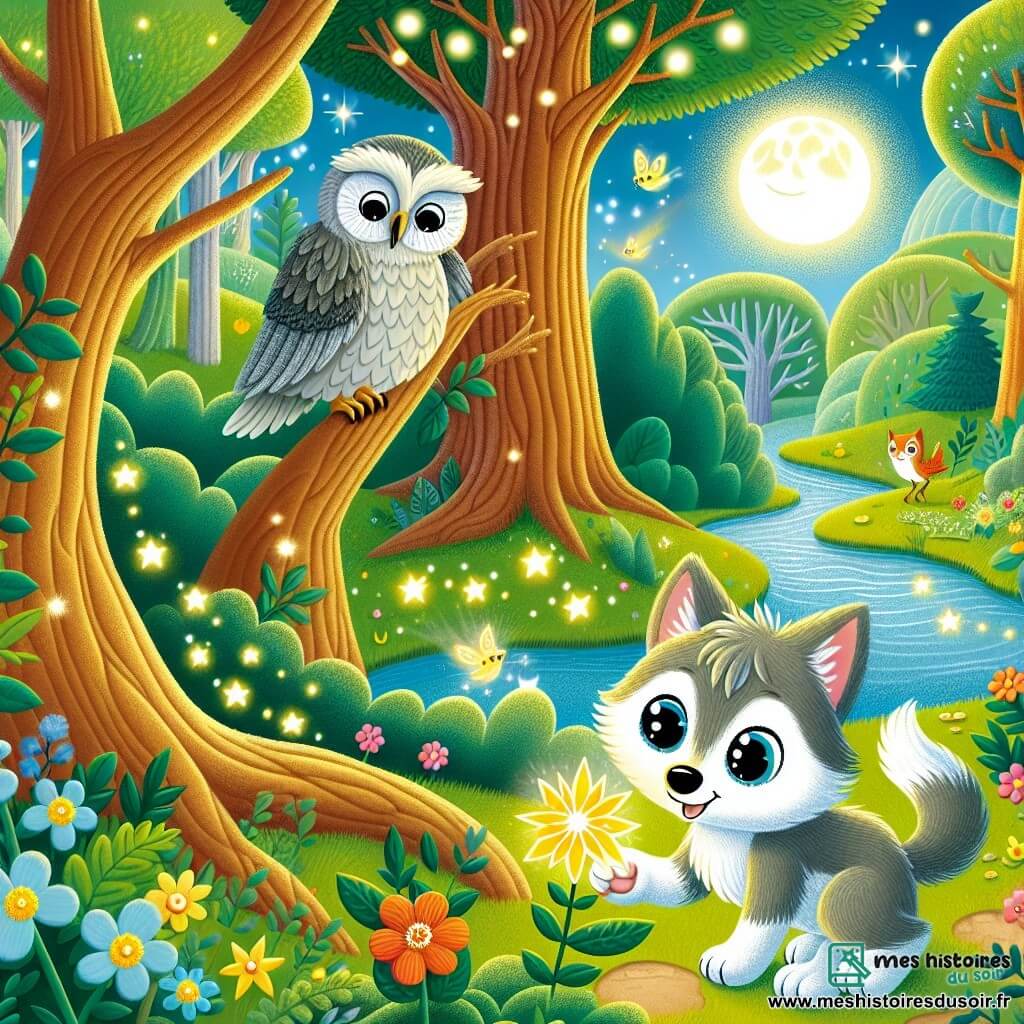 Illustration d'un petit loup aux yeux brillants et au pelage doux, cueillant une fleur dorée avec joie et détermination. Un hibou sage observe la scène depuis une branche. La forêt enchantée, avec ses arbres majestueux et ses feuilles scintillantes, abrite un ruisseau et des fleurs colorées. Le loup, courageux, cueille la fleur symbole de son aventure pour sauver la forêt. Des fées dansent autour de lui et des oiseaux chantent, créant une atmosphère magique et joyeuse.