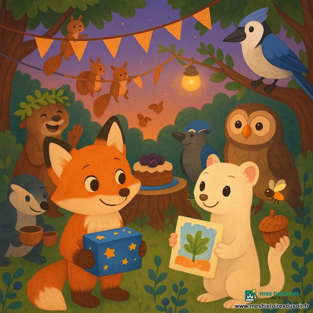 Milo, un petit renard roux au pelage soyeux, sourit timidement en tenant une boîte de jeu bleue tandis que Neige, une hermine crème, lui tend un dessin et envoie un petit « merci » via une luciole posée sur une noisette-appareil ; Lila la loutre, couronnée de joncs, rit en arrière-plan près d’un gâteau aux mûres pendant que d’autres animaux (écureuils accrochant des guirlandes, blaireau, geai, chouette) observent dans une clairière boisée au crépuscule décorée de lanternes de lucioles, myrtilliers et guirlandes, scène tendre et chaleureuse évoquée en style illustration vectorielle aux couleurs vives et pastel, traits doux et ambiance inclusive.