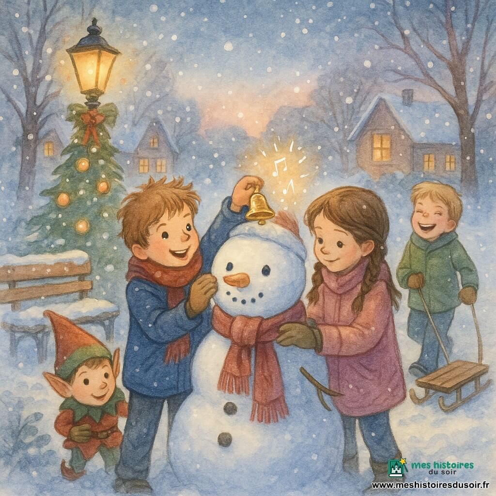 Lucas, 8 ans, souriant, accroche une petite clochette dorée au chapeau d’un bonhomme de neige tandis qu’Emma, 8 ans, ajuste son écharpe et Tom, 9 ans, rit en tenant un traîneau en bois ; le lutin Léo observe malicieusement derrière un sapin dans un parc de village enneigé au crépuscule, éclairé par un lampadaire et un sapin illuminés, la clochette étincelle et tinte en notes dorées, flocons en suspension, ambiance chaleureuse et joyeuse, rendu aquarelle avec rehauts au stylo gel blanc.