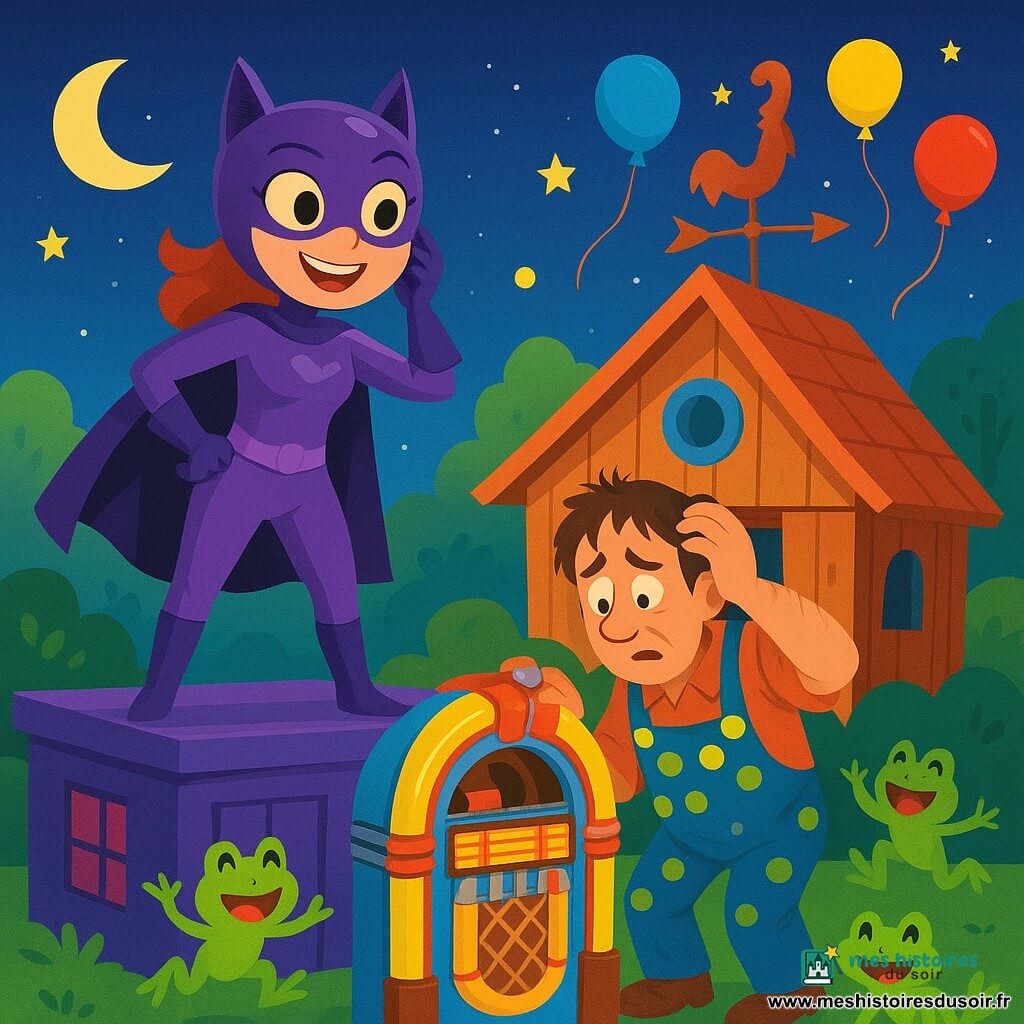 Super-Miaou, une super-héroïne en costume violet brillant et oreilles de chat, se tient sur le toit d'un immeuble, souriante et attentive aux bruits de la nuit. Monsieur Bricolo, un homme d'environ 50 ans en salopette à pois jaunes, est concentré sur un vieux jukebox dans une cabane en bois, tenant un tournevis. La scène se déroule dans un parc coloré, entouré de girouettes et de ballons flottants. Super-Miaou et Monsieur Bricolo réparent le jukebox, tandis que des grenouilles sautent autour d'eux, créant une ambiance vivante sous un ciel étoilé.
