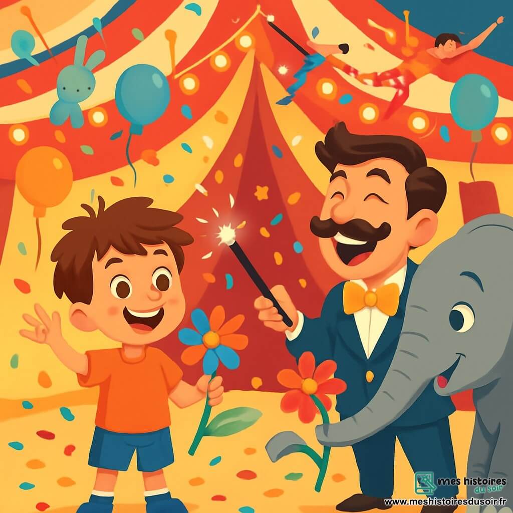 Un garçon de 8 ans, Paul, avec des cheveux ébouriffés et un grand sourire, se tient au centre de la scène, tenant une fleur colorée. À côté de lui, M. Léon, un homme d'une quarantaine d'années avec une moustache et un costume brillant, rit en lui tendant une baguette magique, tandis qu'un éléphant nommé Jumbo lui offre une fleur avec sa trompe. Le chapiteau du cirque, décoré de guirlandes lumineuses et de confettis, crée une atmosphère festive. Paul prononce des mots magiques, entouré de confettis et de ballons en forme d'animaux, capturant l'esprit joyeux du cirque.