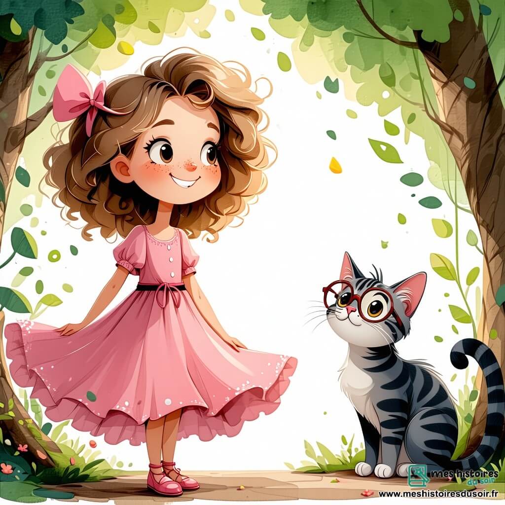 Zoé, une petite fille de 5 ans aux cheveux bouclés dorés, porte une robe rose et sourit avec émerveillement en écoutant les arbres qui chuchotent. À ses côtés, Léonard, un chat de 3 ans avec des lunettes rondes et une écharpe colorée, est assis sur une racine d'arbre, affichant un air sage. La scène se déroule dans une clairière enchantée, avec des arbres majestueux et des rayons de soleil créant des motifs lumineux sur le sol fleuri. Zoé écoute les histoires des arbres tandis que Léonard lui explique la sagesse de la nature dans une atmosphère magique.