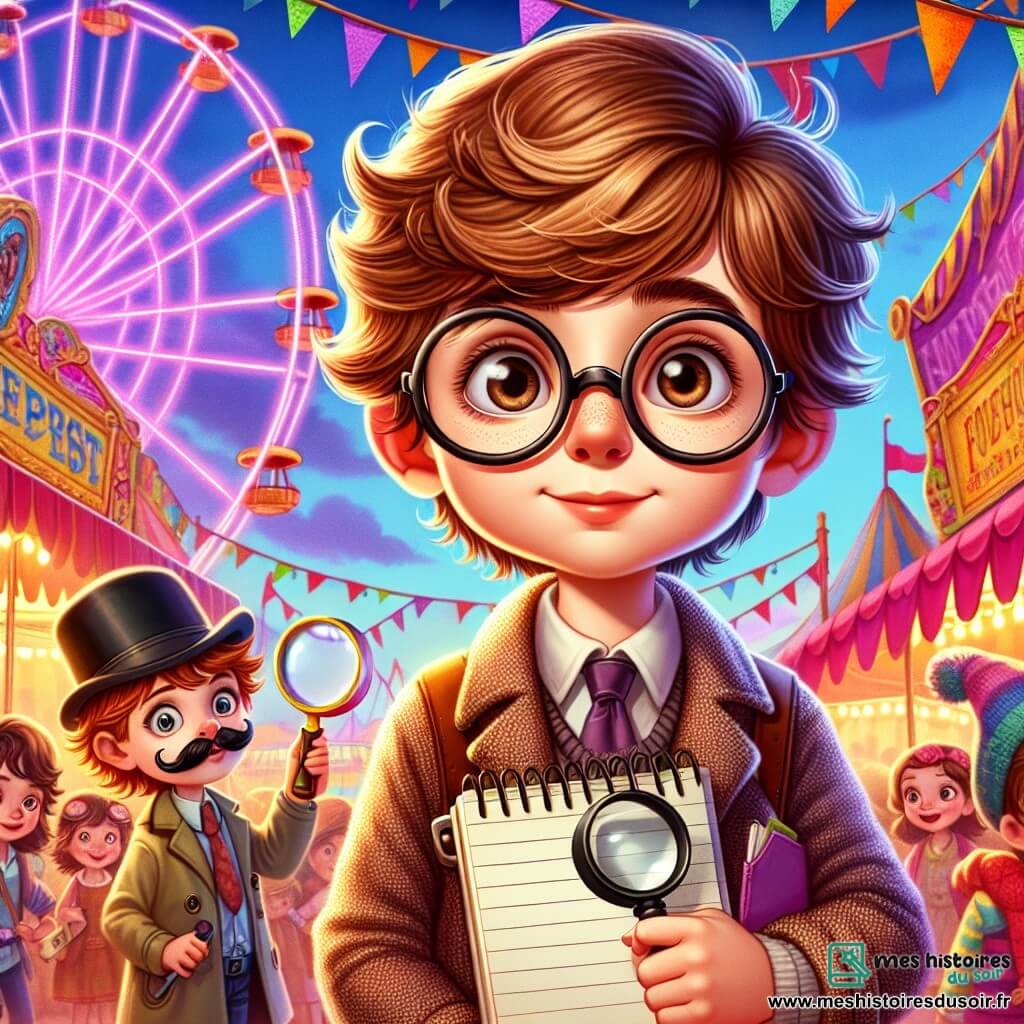 Maxime, un garçon de 11 ans aux cheveux châtains en bataille et portant des lunettes trop grandes, se tient au centre de l'image, déterminé et curieux. Il tient un carnet à spirales et une loupe en plastique, scrutant son environnement avec excitation. À ses côtés, Lucas, son ami, est déguisé en détective avec un chapeau noir et une fausse moustache, concentré à chercher des indices. En arrière-plan, une grande roue colorée et des stands de carnaval décorés créent une ambiance festive, tandis que Maxime et Lucas enquêtent sur le vol du collier de Mme Bertin.