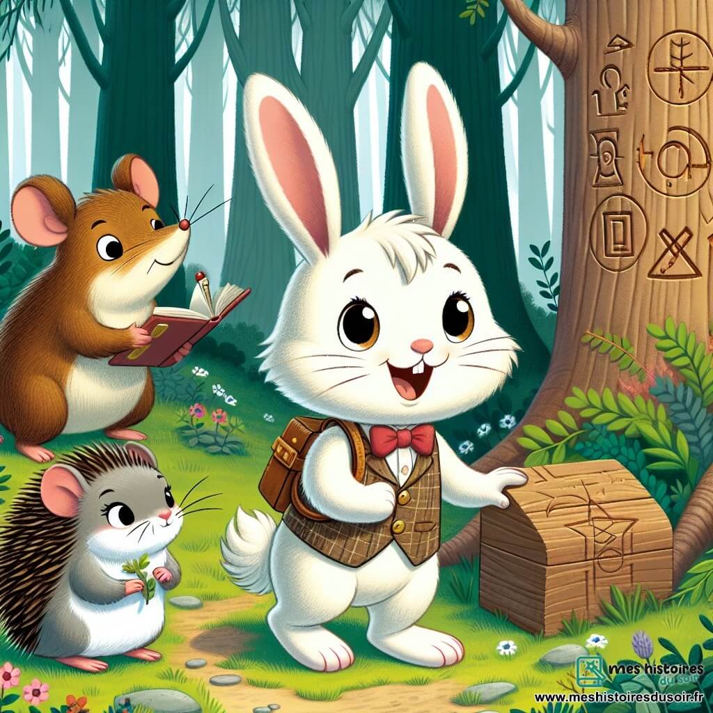 Léo, un petit lapin blanc aux grandes oreilles, est debout sur ses pattes arrière, souriant et tenant un carnet et un crayon. À sa gauche, Mia, une souris grise avec un nœud rouge, observe une vieille boîte en bois avec émerveillement. À droite, Tom, un hérisson brun, examine des symboles sur un arbre, concentré avec un livre sur les plantes. Ils se trouvent dans une forêt enchantée, entourés de grands arbres, de feuilles dansantes et de fleurs colorées. Ensemble, ils découvrent une boîte mystérieuse, pleine d'indices pour une aventure vers un trésor caché.