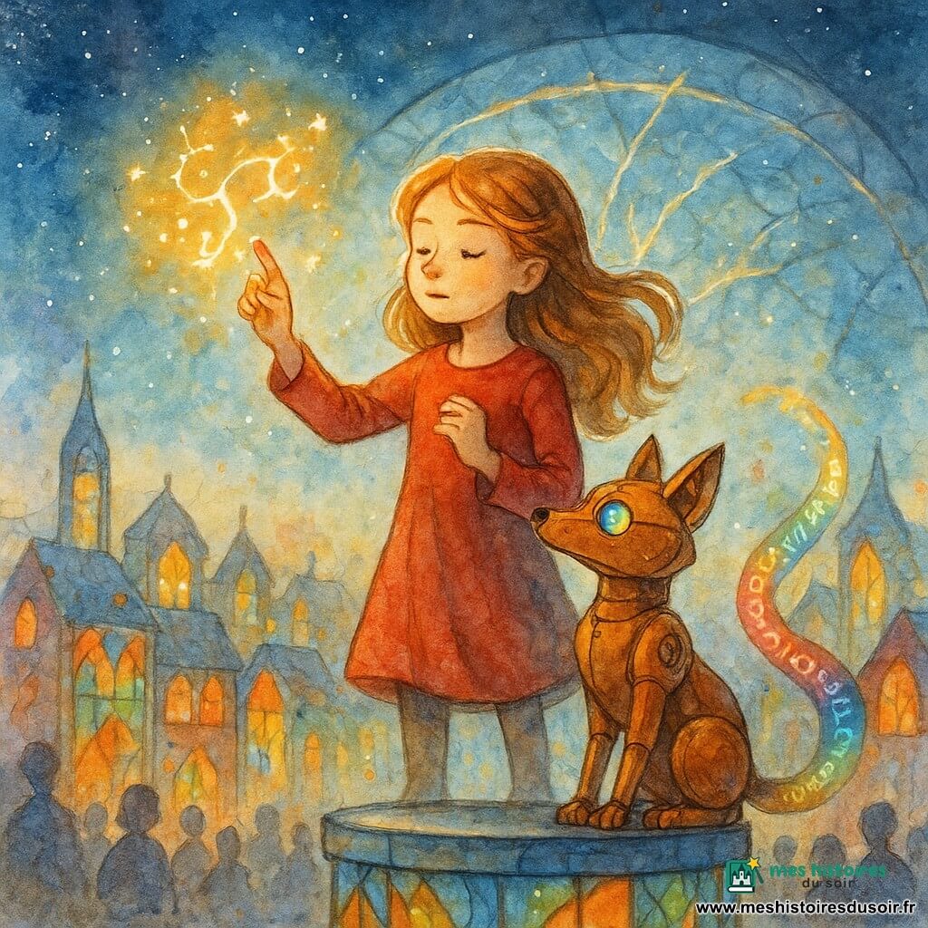 Liora, une fillette de 8 ans, est au sommet d'une tour de verre. Ses cheveux captent la lumière des vitraux tandis qu'elle trace des symboles lumineux dans l'air. À ses côtés, Piko, un renard mécanique en cuivre, observe avec des yeux clignotants aux couleurs de l'arc-en-ciel. En arrière-plan, la voûte scintillante de la cité de Verre-Étoile brille sous un ciel étoilé, avec des fissures lumineuses se refermant lentement. Les maisons de vitraux colorés reflètent des teintes chatoyantes, et les habitants de la cité, en bas, regardent avec admiration, leurs visages illuminés par les lumières dansantes.