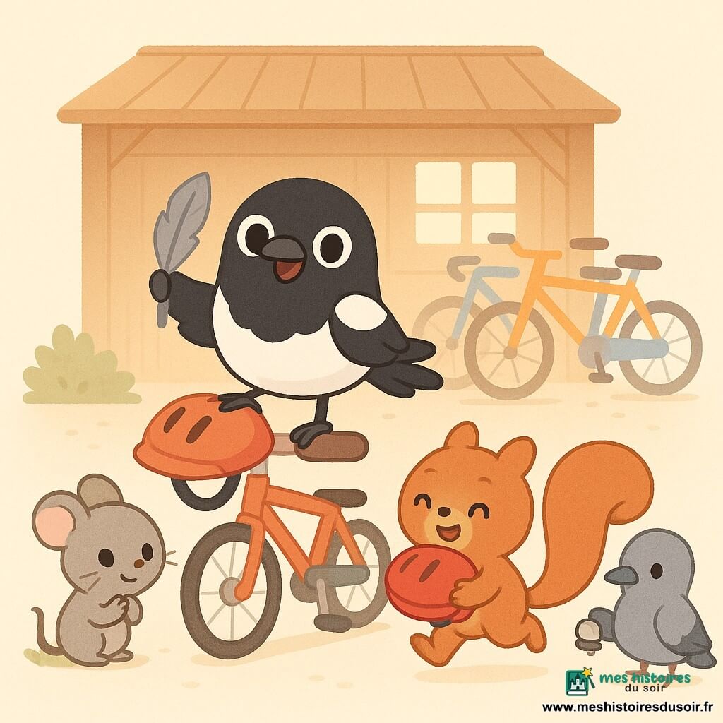 Plume, une petite pie noire et blanche au plumage brillant, porte une plume grise dans une aile et pose une patte sur un casque de vélo rouge sur un guidon; Noisette, un écureuil roux souriant, serre le casque; Suzette, une petite souris grise, applaudit près d’un buisson; Patapon, un pigeon gris au bec bleu, tient une mini sonnette réparée; ambiance conviviale et joyeuse après la résolution d’un mystère, abri à vélos en bois chaleureux avec bicyclettes empilées, sol poussiéreux, lumière dorée filtrant par une fenêtre, couleurs pastel, traits simples et expressions rassurantes, composition centrée sur Plume et le casque.
