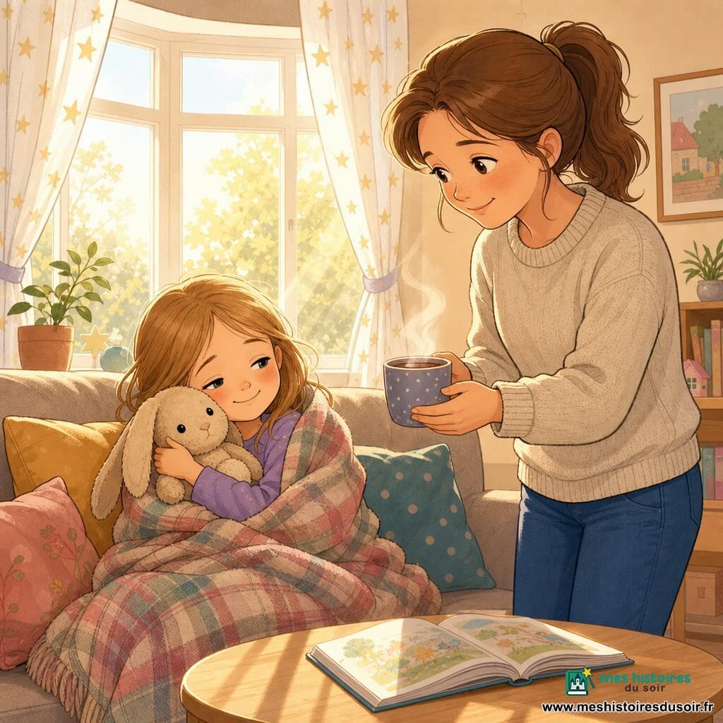 Fille de 6 ans au visage rond et joues roses, yeux mi-clos et sourire timide, blottie sur un canapé sous une couverture à carreaux en tenant un doudou lapin beige aux longues oreilles; la mère d’environ 32 ans, cheveux châtain en queue de cheval, l’air tendre, lui tend une tasse de chocolat chaud fumant dans un salon baigné de lumière matinale filtrée par des rideaux à motifs d’étoiles, murs crème et coussins colorés — la fillette est malade mais apaisée, réconfortée par son lapin et la présence maternelle.