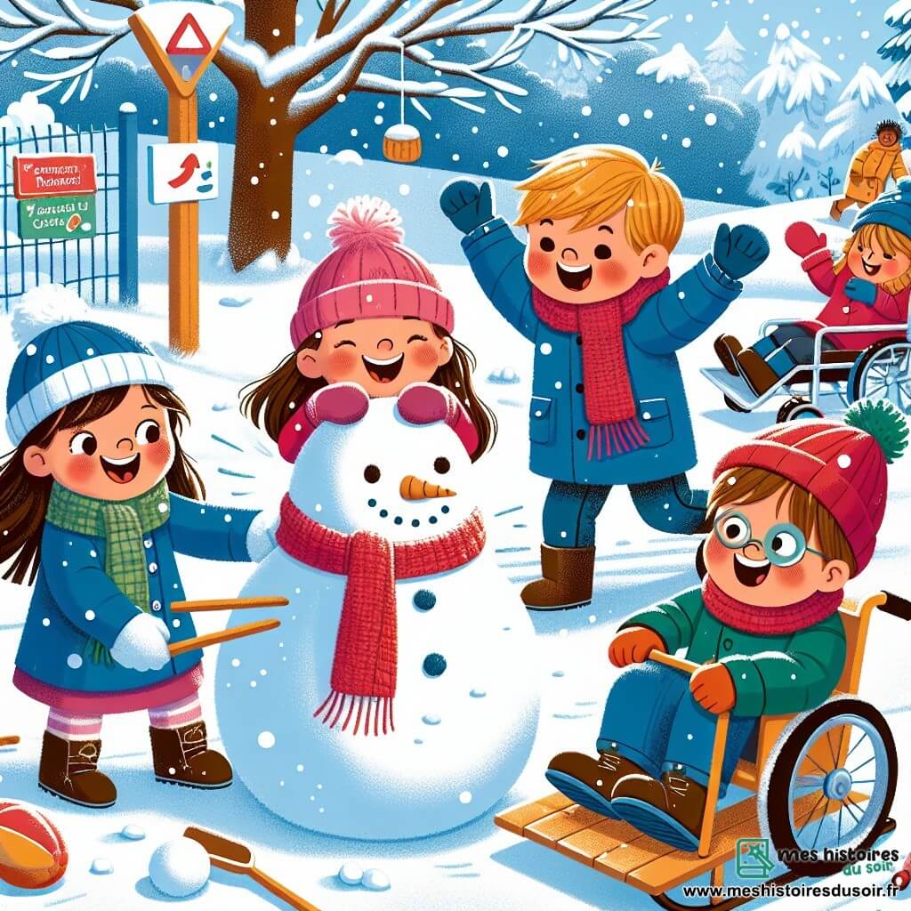 Dans une cour d'école enneigée, quatre amis s'amusent ensemble. Mia, 8 ans, roule une boule de neige pour un bonhomme de neige, vêtue d'un manteau rose et d'un bonnet à pompon. Lucas, 9 ans, rit en glissant sur une pente, portant une veste bleue et une écharpe verte. Emma, 7 ans, avec un bonnet rouge et un manteau jaune, s'apprête à mettre une écharpe sur le bonhomme de neige. Samuel, 8 ans, dans un fauteuil roulant, sourit avec une petite luge, vêtu d'un manteau bleu clair. La cour est recouverte de neige scintillante, avec des arbres chargés de flocons et un ciel bleu éclatant. Les enfants construisent un bonhomme de neige géant, riant et s'encourageant, tandis que Samuel glisse sur sa luge, profitant de l'hiver.