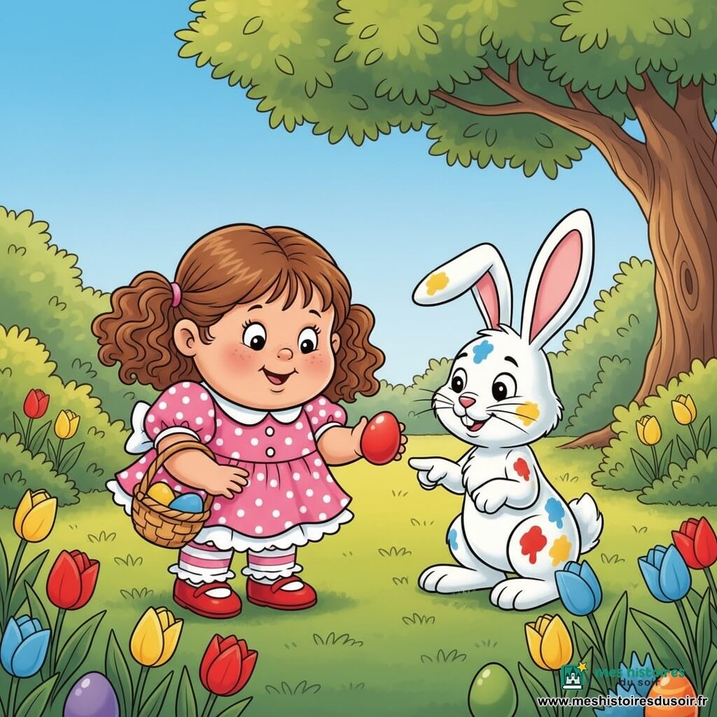 Fille de 2 ans souriante et émerveillée, joufflue aux grandes boucles brunes, robe rose à pois blancs, chaussettes rayées, tenant un petit panier en osier et ramassant un œuf rouge brillant; à sa droite, un lapin blanc aux grandes oreilles roses, légèrement accroupi sur ses pattes arrière, montre d'une patte un œuf caché, sourire doux et taches de peinture sur le pelage; jardin ensoleillé avec pelouse verte, tulipes rouges, jaunes et bleues, buissons ronds et arbre feuillu, ciel bleu clair; scène de chasse aux œufs de Pâques joyeuse avec œufs colorés cachés dans l'herbe et sous les fleurs; style dessin animé années 90, contours nets, couleurs saturées, textures douces et éclairage chaud.