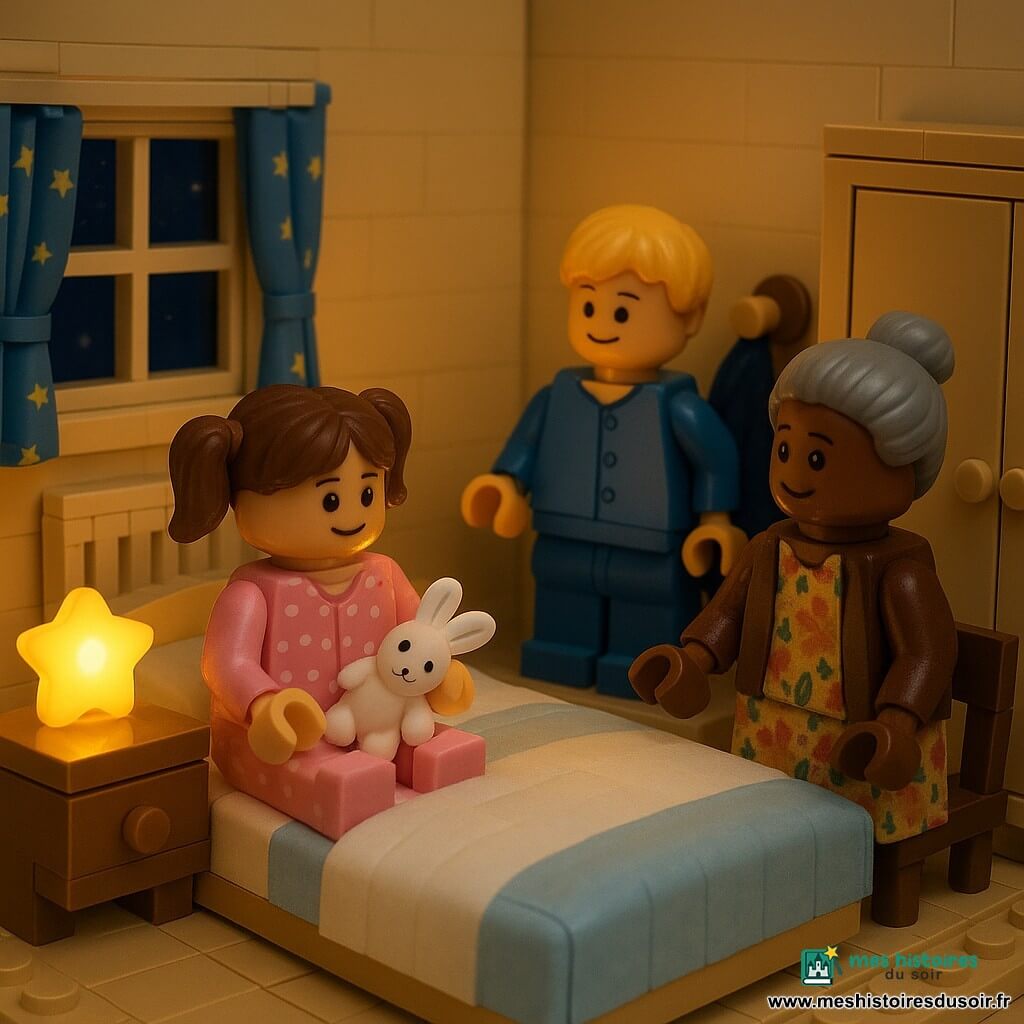 Diorama LEGO d'une chambre d'enfant crème où, au moment du coucher, Lila (5 ans, couettes, pyjama rose à pois, assise sur le lit avec un doudou lapin) et Noé (5 ans, cheveux blonds, pyjama bleu, debout et souriant, venant d'accrocher un manteau) sont près d'une veilleuse étoile jaune qui éclaire doucement la scène et crée des ombres rondes ; Mamie (≈65 ans, cheveux gris en chignon, robe à fleurs, assise au bord du lit, regard bienveillant) pose la main sur le lit ; l'ambiance est rassurante, les tensions apaisées, textures briques visibles et éclairage contrasté entre ombres douces et lumières chaudes.