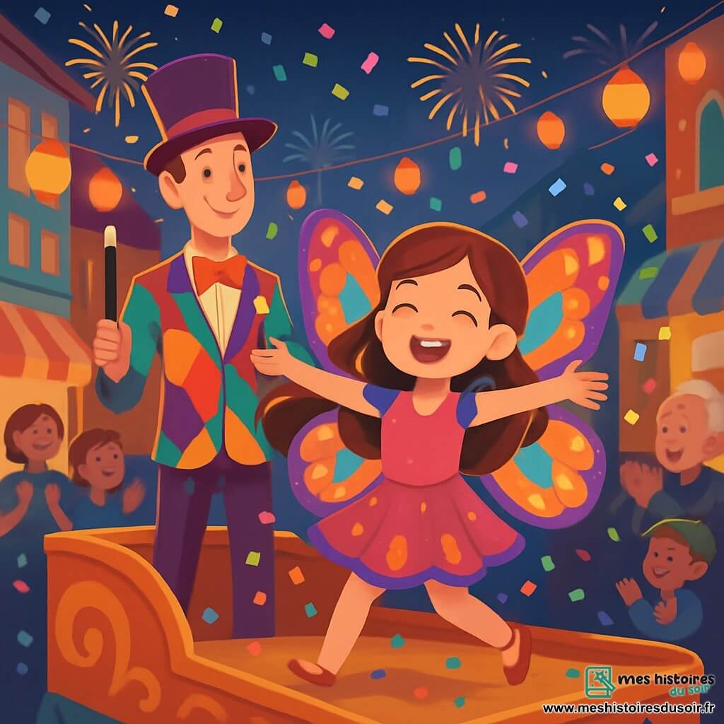 Une fille de 12 ans, Emma, avec de longs cheveux bruns et des yeux pétillants, porte un costume de papillon coloré et danse avec un sourire éclatant, entourée de confettis. À ses côtés, M. Mystère, un homme de 40 ans en costume bariolé, sourit en tenant une baguette magique, observant Emma avec fierté. Le décor est une rue animée de carnaval, remplie de lanternes, de stands de friandises et de spectateurs émerveillés, tandis que des feux d'artifice illuminent le ciel. Emma danse sur un char décoré au cœur d'un défilé, rayonnante de bonheur, tandis que la foule applaudit, créant une ambiance de joie collective.