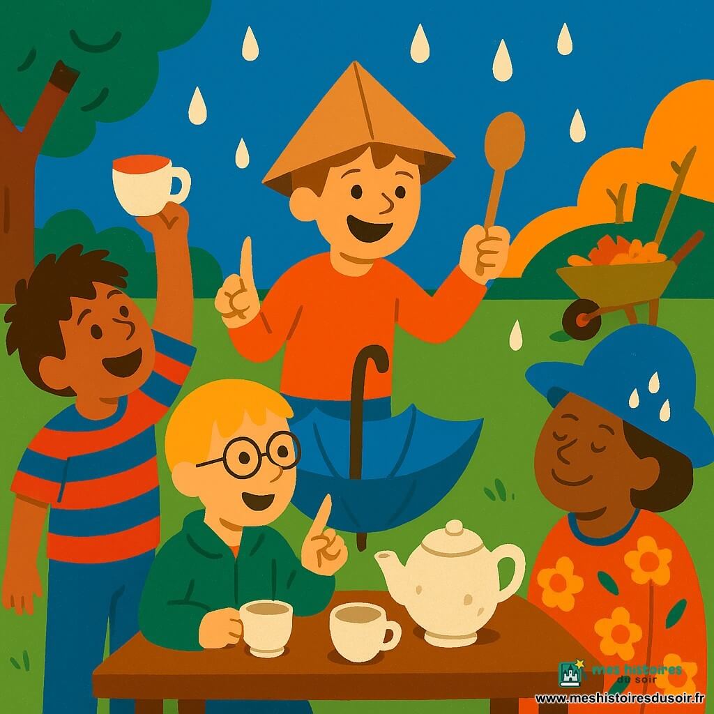 Trois garçons jouent autour d'une table de thé improvisée dans un jardin familial au crépuscule : à gauche un garçon aux cheveux bruns en bataille tenant une tasse ébréchée levée vers le ciel, à droite un garçon blond aux lunettes faisant semblant de trinquer avec une goutte de pluie, et au centre derrière la théière un garçon châtain avec une casquette en carton brandissant une cuillère comme baguette, tandis que Madame Bouboule, une voisine âgée au chapeau bleu, est assise à l'angle droit avec une petite nuée de gouttelettes scintillantes au-dessus de son chapeau; une fine pluie joyeuse tombe en gouttes rondes, le parapluie inversé sert de bol sur la table, l'ambiance est fantaisiste et humoristique dans des couleurs saturées et textures simplifiées.