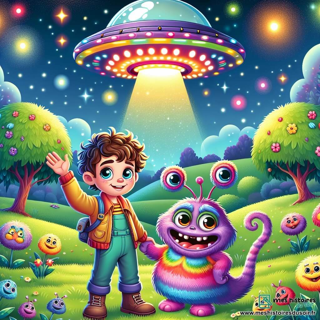 Dans un champ verdoyant sous un ciel étoilé, Max, un garçon de 10 ans aux cheveux bouclés, se tient devant une soucoupe spatiale brillante aux couleurs arc-en-ciel. À ses côtés, Zok, une créature extraterrestre de la planète Glimor, a un corps violet et des antennes serpentines. Max lève la main avec un sourire, tandis que Zok lui fait un signe amical. En arrière-plan, la soucoupe scintille sous la lumière des étoiles, entourée de fleurs chantantes et d'arbres colorés, créant une atmosphère magique. Max et Zok se préparent à explorer les merveilles de la planète Glimor, avec des Flufflins dansant autour d'eux, ajoutant de la joie à cette scène d'aventure intergalactique.