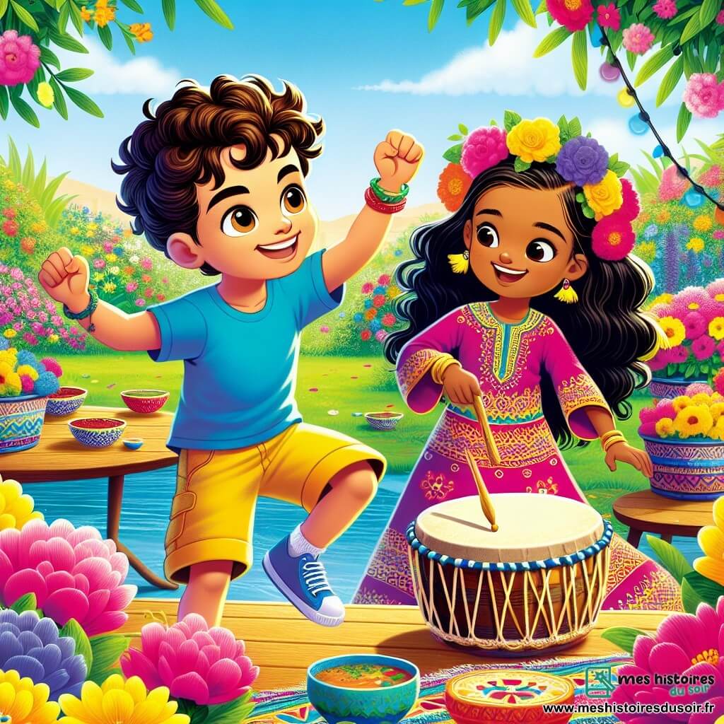 Léo, un garçon de 8 ans aux cheveux bruns et bouclés, danse joyeusement dans son jardin rempli de fleurs colorées. Il porte un t-shirt bleu et un short jaune, exprimant une joie contagieuse. À ses côtés, Amina, une fille de 7 ans avec de longs cheveux noirs, joue du tambour en portant une robe traditionnelle marocaine. Le jardin est éclatant avec des fleurs roses, jaunes et violettes, et une grande table en bois est dressée avec des plats variés. Ils célèbrent leur amitié à travers la danse et la musique, symbolisant l'union de leurs cultures.