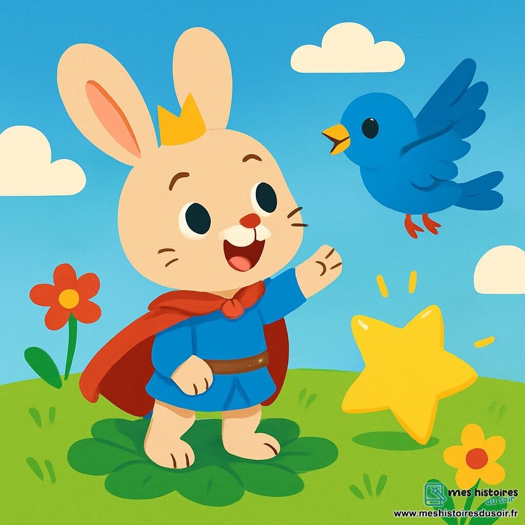 Un prince courageux, Petit Louis, un jeune lapin aux grandes oreilles et au pelage doux, se tient sur un coussin de feuilles, les yeux brillants d'émerveillement. Il sourit en tendant une patte vers une étoile scintillante qui roule près de lui. À ses côtés, un oiseau bleu vif vole joyeusement, chantant une douce mélodie et l'encourageant avec un regard amical. Le décor est un champ verdoyant parsemé de fleurs colorées sous un ciel bleu avec des nuages cotonneux. Petit Louis tente d’attraper l’étoile brillante, entouré de ses amis émerveillés par la magie du moment.