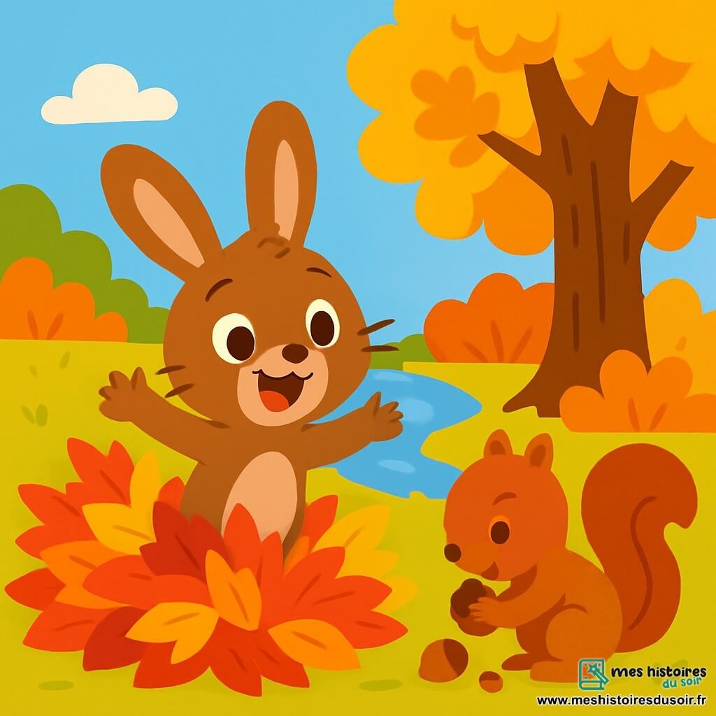 Un petit lapin nommé Léo, aux grandes oreilles et à la fourrure brune, saute joyeusement dans un tas de feuilles d'automne colorées. Son visage exprime émerveillement et joie. À côté, un écureuil roux ramasse des noix avec concentration, près d'un grand chêne. En arrière-plan, un ruisseau scintille sous le soleil, entouré de buissons colorés, sous un ciel bleu clair. Léo et l'écureuil se préparent pour l'automne, célébrant la beauté de cette saison magique.