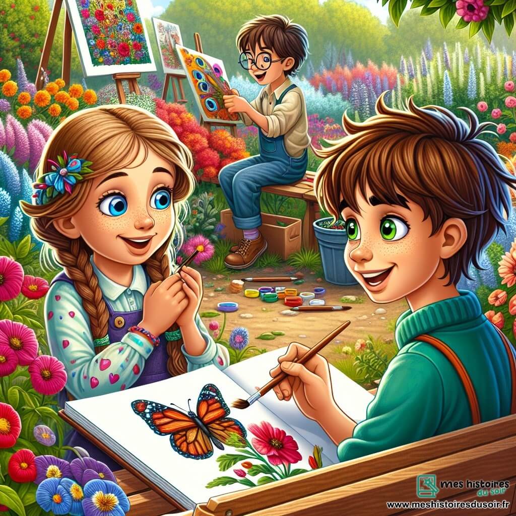 Lucas, un garçon de 12 ans aux cheveux bruns en bataille et aux yeux curieux, est assis sur un banc dans un jardin fleuri, souriant en dessinant un papillon sur un carnet. À ses côtés, Sarah, 11 ans, aux cheveux blonds tressés et aux yeux bleus, admire son dessin, les mains couvertes de peinture. En arrière-plan, Tom, 12 ans, avec des cheveux châtains et des lunettes, peint une toile colorée. Le jardin est rempli de fleurs multicolores et d'oiseaux chantants, le ciel bleu parsemé de nuages. Ensemble, ils célèbrent le printemps à travers leurs créations artistiques, entourés de la beauté de la nature.