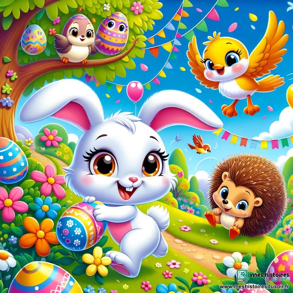 Lila, une petite lapine au pelage blanc et aux grandes oreilles roses, saute de joie dans un jardin coloré, tenant un œuf de Pâques peint en bleu. À côté, Coco le canari, avec son plumage jaune, vole autour d'un grand chêne, cherchant des œufs à cacher. Max le hérisson, malicieux, se cache derrière un buisson avec un œuf coloré. Le jardin est rempli de fleurs éclatantes et de papillons, créant une atmosphère festive. Lila et ses amis se préparent pour la chasse aux œufs de Pâques, excités et prêts à s'amuser.