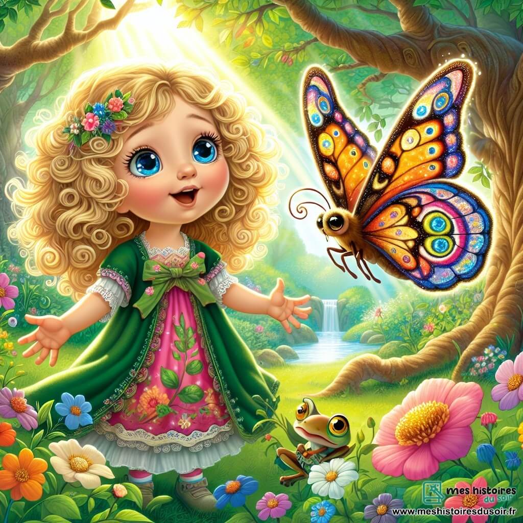 Une petite fille de 4 ans, prénommée Lila, aux cheveux bouclés et dorés, se tient dans un jardin enchanté. Elle porte une robe colorée ornée de fleurs et sourit, les bras ouverts, accueillant la magie de son environnement. À ses côtés, le Papillon Philosophe, un papillon aux ailes multicolores, vole autour d'elle et se pose sur une fleur, l'observant amicalement. Le jardin est féerique, rempli de fleurs éclatantes, de grands arbres et d'un étang où des grenouilles sautent. Lila écoute attentivement les sages paroles du papillon, symbolisant la quête de connaissance et d'émerveillement.