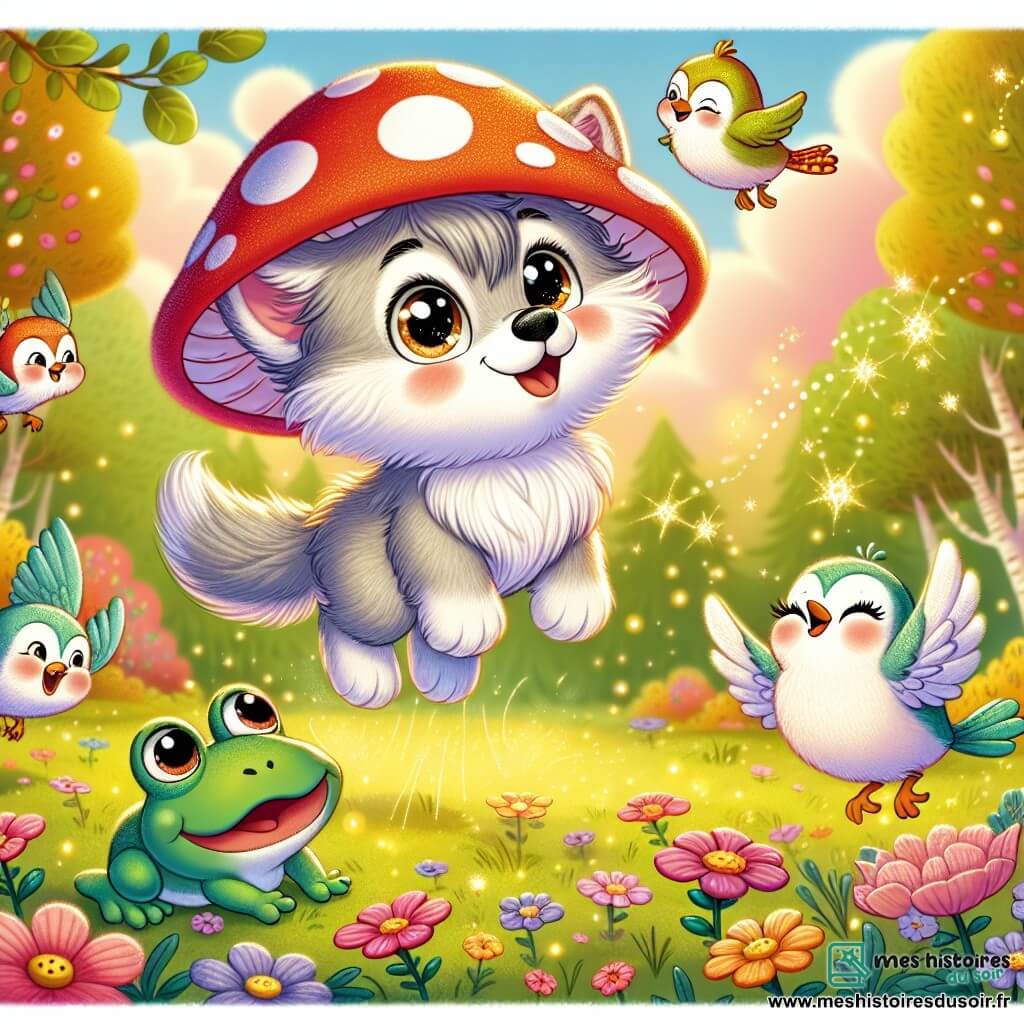 Un petit loup nommé Loulou, avec un pelage gris clair et un chapeau rouge à pois blancs, danse joyeusement dans les airs, entouré d'étincelles. À ses côtés, un rouge-gorge malicieux bat des ailes en riant, tandis qu'une grenouille verte applaudit émerveillée depuis une feuille. La scène se déroule dans une clairière enchantée, baignée de lumière dorée, avec des fleurs colorées et des arbres scintillants. Loulou s'amuse à danser avec ses amis oiseaux, créant une atmosphère joyeuse et ludique.