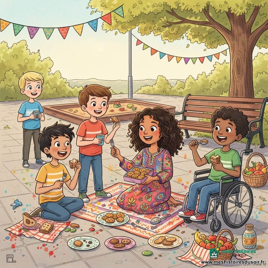 Cinq enfants d'environ 7 ans : Tom, garçon à peau claire et cheveux bruns courts, sourit à gauche en tendant une petite fourchette vers une assiette partagée ; Lucas, garçon au teint hâlé et cheveux noirs en bataille, goûte un pain d'épices avec étonnement joyeux à côté de Tom ; Alex, garçon à peau claire et cheveux blonds, un peu en retrait, tient une boisson et observe curieusement ; Malik, garçon à peau foncée et cheveux bouclés, est assis en fauteuil roulant à droite et rit en mangeant un gâteau offert par Amina ; Amina, fille à peau olive et cheveux bouclés dans une robe colorée, est au centre et tend une boîte de spécialités de son pays en offrant des bouchées. Scène : cour d'école en plein jour avec sol pavé, bac à sable et bancs en bois, guirlandes multicolores et ombre d'un grand arbre, nappes à motifs sur des paniers de pique-nique ; ambiance conviviale de fête en plein air où les enfants échangent et goûtent des plats, rires, assiettes et boîtes ouvertes, gestes amicaux et couleurs chaudes, composition centrée sur Amina et les autres se penchant vers elle en signe d'acceptation.