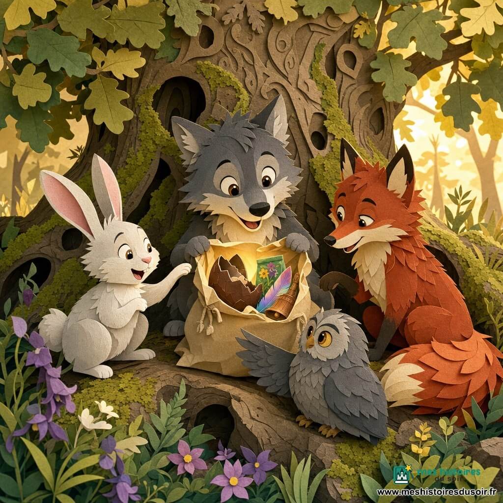 Loupiot, petit loup gris aux yeux doux, sourit en tenant une pochette en tissu beige nouée; Carambole, jeune lapin blanc aux grandes oreilles roses, accroupi à gauche, tend une patte; Filou, renard roux au museau fin, assis à droite, semble malicieux; Mousse-Lune, chouette ronde aux plumes grises et yeux ambrés, posée sur une racine devant eux, déploie légèrement une aile vers la pochette ouverte d'où s'échappe une lumière chaude révélant un œuf en chocolat brisé, un sachet de graines colorées, une plume irisée et une clochette en bois; en arrière-plan, le Vieux Chêne au tronc large et à l'écorce gravée de motifs, racines moussus et cavités en papier découpé, le tout dans des couleurs printanières vives (verts tendres, mauves, ors), textures de papier superposées et ombres douces, créant une atmosphère enfantine de partage et de découverte.