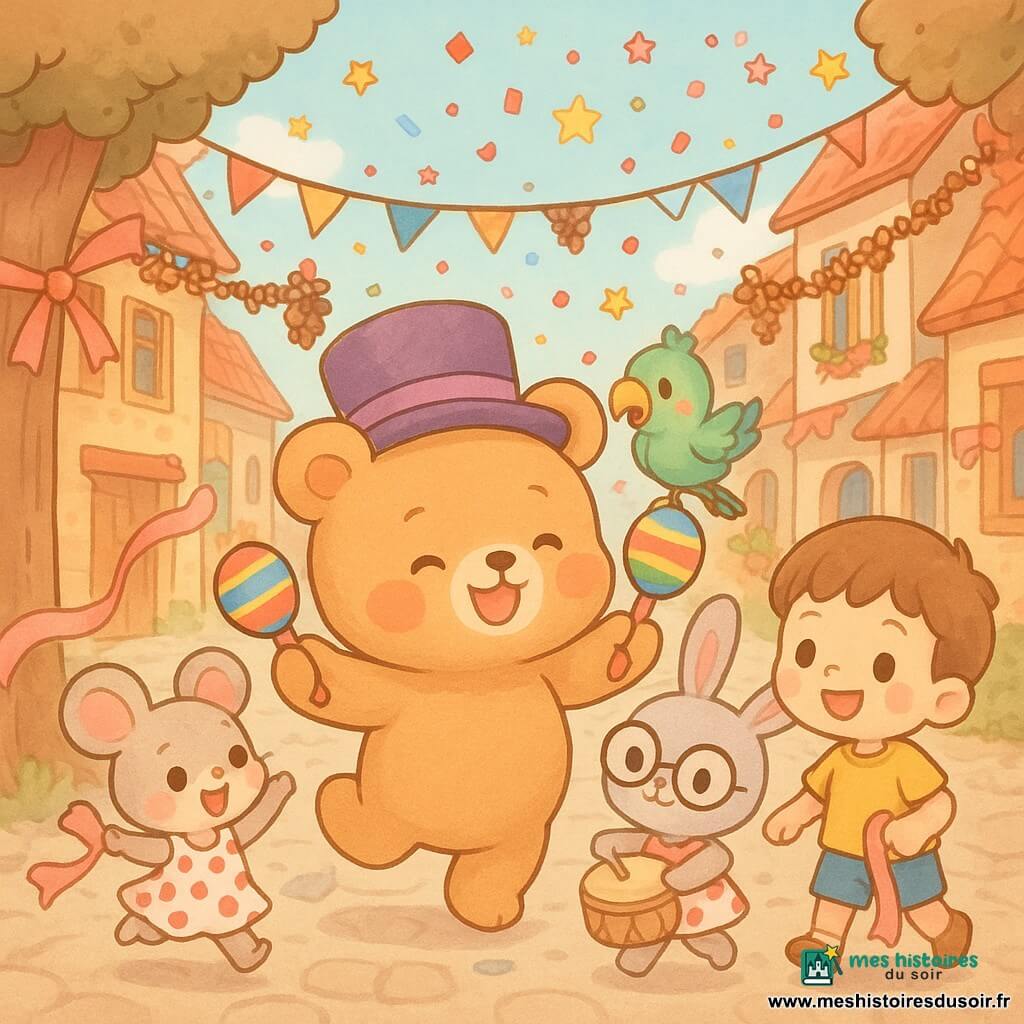 Boris l'ours en peluche caramel au chapeau violet danse en agitant des maracas tandis que Mina la souris en robe à pois agite un ruban, Léo le lapin à lunettes frappe un tambour en carton, Titi le perroquet est perché sur l'épaule de Boris, un petit garçon sourit en tenant le ruban retrouvé devant un chêne sur une rue de village pavée décorée de papier, rubans et lampions, et tous forment un cercle pour, au compte "un, deux, trois", lancer une pluie de confettis qui se transforme en étoiles multicolores.