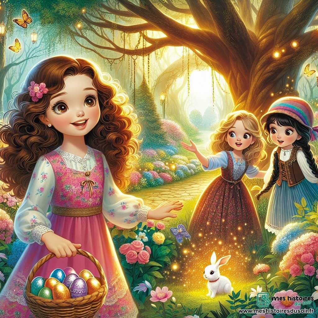 Dans un jardin enchanté, trois filles de douze ans se tiennent au centre. Lily, avec des cheveux châtains bouclés et un sourire éclatant, porte une robe rose à fleurs et tient un panier d'œufs en chocolat. Zoé, aux cheveux blonds tressés et en blouse bleue, admire une rose scintillante. Camille, avec des cheveux noirs et une casquette colorée, observe un lapin blanc en gilet rayé près d'un arbre majestueux. Le jardin est rempli de fleurs multicolores, de grands arbres et de papillons, baigné dans une douce lumière dorée. Les filles découvrent une fleur magique qui brille, tout en préparant une chasse aux œufs de Pâques, entourées de rires et de joie.