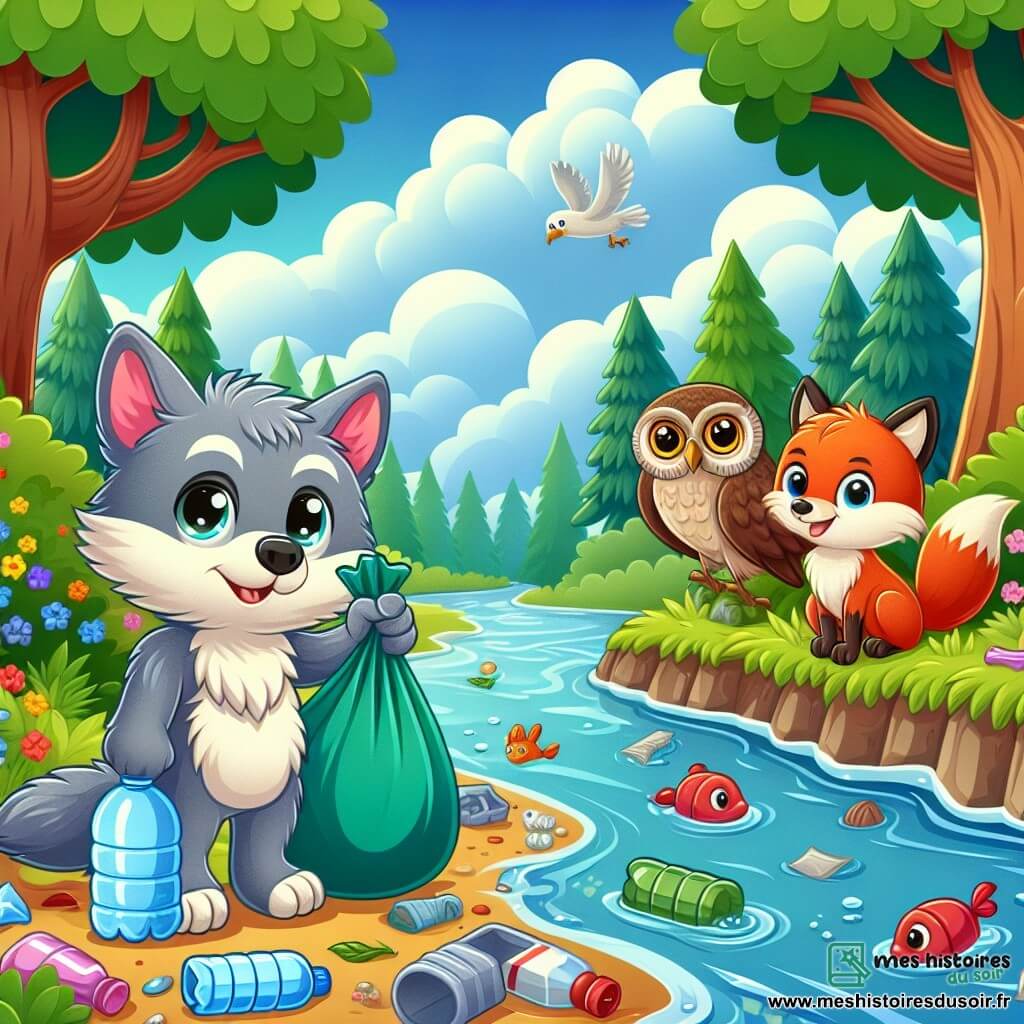 Illustration d'un petit loup gris déterminé ramassant des déchets près d'une rivière, tenant un sac en plastique. À ses côtés, une chouette brune perchée sur une branche, regardant autour d'elle, et un renard roux souriant ramassant une bouteille en plastique. La scène se déroule dans une forêt verdoyante avec des arbres majestueux, des fleurs colorées, et un ciel bleu. Les trois amis nettoient la rivière, unis dans leur mission pour préserver l'environnement, malgré les déchets éparpillés. Un sentiment d'espoir et de camaraderie règne dans l'air.