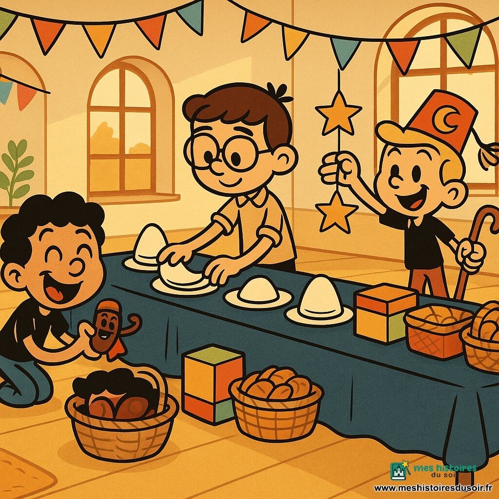 Trois garçons décorent une grande salle communautaire chaleureuse pour le Ramadan : Sami (≈9 ans, cheveux bruns courts, lunettes) au centre aligne des assiettes blanches et plie des serviettes en forme de demi-lune ; Yanis (≈8 ans, cheveux bouclés noirs) à gauche, accroupi près d’un panier de dattes déguisées, tient une datte avec une petite cape rouge en faisant une grimace ; Léo (≈9 ans, cheveux blonds en brosse) à droite suspend des étoiles en papier doré au-dessus d’une longue table en bois couverte d’une nappe bleu nuit, entourés de boîtes décorées, paniers de nourriture et guirlandes colorées, ambiance conviviale et joyeuse, style cartoon rétro aux couleurs chaudes.