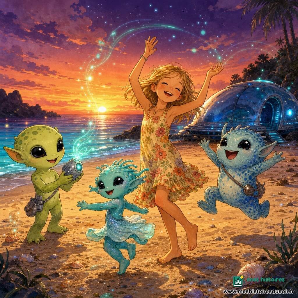 Fille de 10 ans joyeuse et émerveillée, cheveux blonds mi-longs et taches de rousseur, robe d'été à fleurs, pieds nus dans le sable, dansant bras levés ; trois enfants extraterrestres l'entourent — Zog, peau vert pâle, grands yeux noirs, tenant un appareil argenté émettant ondes bleu-vert ; Tula, plus petite, peau nacrée aux reflets turquoise, souriante en pirouette ; Borl, rond et agile, peau tachetée bleu clair, sautant de joie — sur une plage au crépuscule avec sable doré et coquillages, mer calme aux reflets bleu-vert phosphorescents, petit vaisseau spatial métallique bleu posé sur le rivage émettant une lueur douce, atmosphère chaleureuse, mouvements rythmés et traits nets.