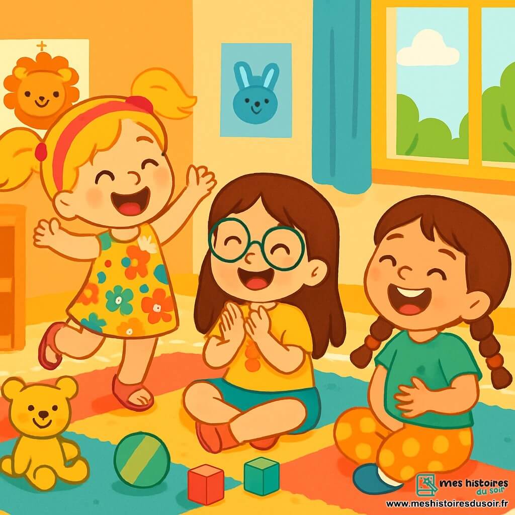 Il y a trois personnages : Zoé, une fille de 6 ans avec de longs cheveux bruns et des lunettes rondes, portant un t-shirt jaune avec un chat et un short bleu, assise au centre en train de taper dans ses mains avec un grand sourire. Lila, une fille de 5 ans avec des cheveux blonds en couettes et un bandeau rose, vêtue d'une robe à fleurs colorées et de sandales, saute joyeusement à gauche. Mila, une fille de 6 ans avec des cheveux châtains et des tresses, porte un t-shirt vert et un pantalon à pois, assise à droite en riant fort. La scène se déroule dans une salle de jeux lumineuse avec un tapis coloré, des jouets éparpillés et des posters de dessins animés. Les trois copines s'amusent ensemble, prêtes à jouer à un jeu de rigolade en imitant des animaux, créant une atmosphère de bonheur et de complicité.