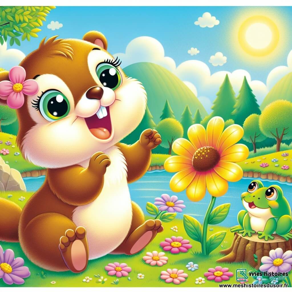 Une petite marmotte nommée Mia, avec un pelage brun et des yeux curieux, danse joyeusement autour d'une fleur aux pétales dorés, souriante et enthousiaste. À proximité, une grenouille verte nommée Gigi, assise sur une feuille, admire Mia, ses yeux brillants de joie. La scène se déroule dans une vallée verdoyante avec des collines, des arbres fleuris et un ruisseau scintillant au soleil. Mia célèbre sa découverte de la fleur de l’amitié, entourée de ses amis animaux, partageant un moment de bonheur.