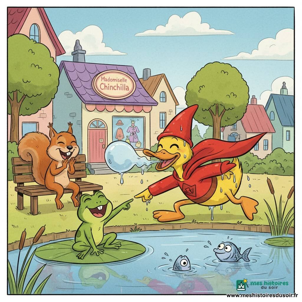 Dédé, un canard joyeux mais embêté, tout mouillé dans un costume rouge de super-héros trop grand avec cape et chapeau, souffle des bulles d'eau en prenant une pose ridicule ; Fanny, une petite grenouille verte, assise sur un nénuphar, le pointe en riant ; Simon, un écureuil roux malicieux, est sur un banc en bois, applaudit en se tenant le ventre de rire ; un petit poisson argenté jaillit, surpris mais amusé ; la mare, calme, avec nénuphars, reflets bleus et verts, roseaux et éclaboussures, sous un ciel bleu parsemé de nuages ; en arrière-plan, une boutique de costumes pastel « Mademoiselle Chinchilla », un banc, des maisons colorées et des arbres ronds ; scène principale : Dédé, trempé et comique, essaie d'impressionner ses amis en super-héros et provoque des éclaboussures tandis qu'ils rient bienveillamment ; style : traits doux, couleurs chaudes, contours simples et expressions exagérées lisibles pour les tout-petits.