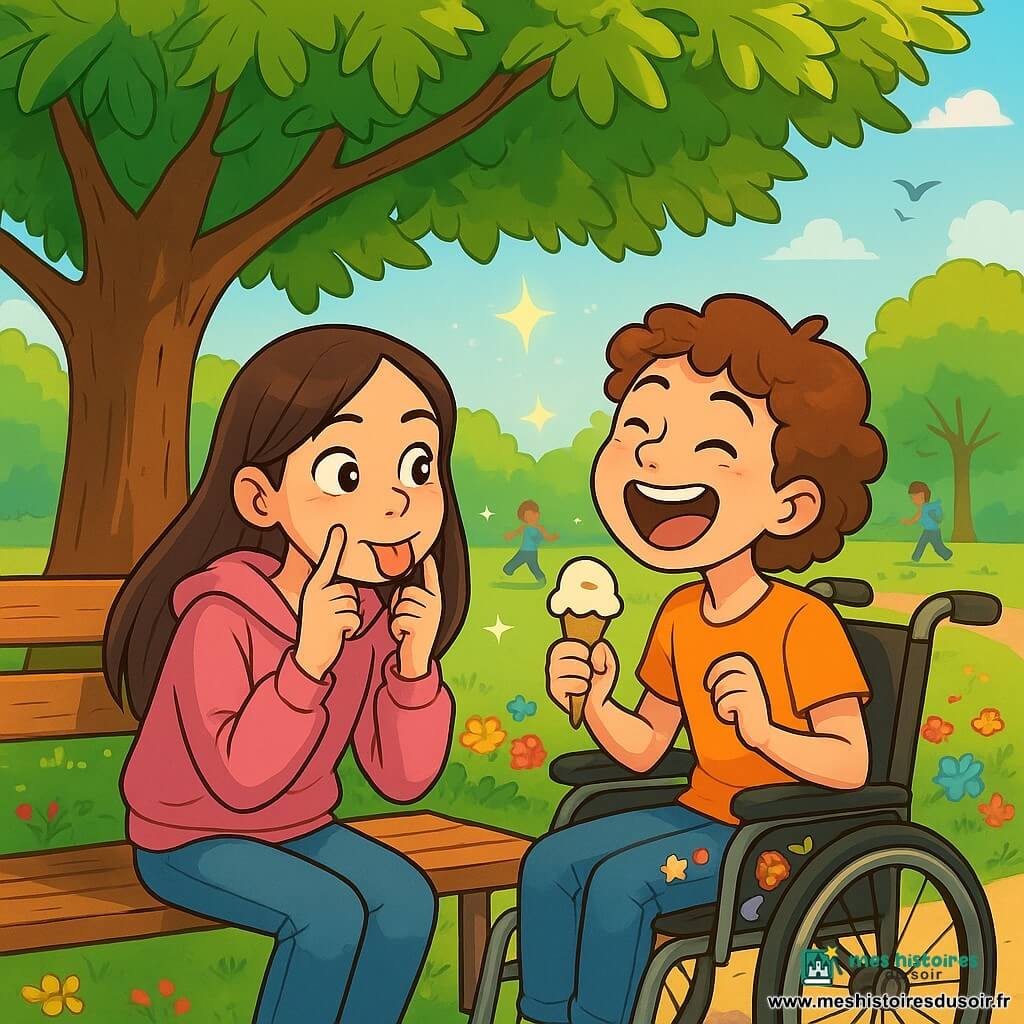 Il y a deux personnages principaux : Lina, une fille de 12 ans avec de longs cheveux bruns et des yeux pétillants, portant une capuche rose et un jean bleu, assise sur un banc en bois sous un marronnier, souriant en observant des fourmis ; et Zoé, également âgée de 12 ans, avec des cheveux courts et bouclés châtain, dans un fauteuil roulant décoré d'autocollants, tenant une glace et riant joyeusement, inclinée vers Lina. L'histoire se déroule dans un parc ensoleillé, avec un grand marronnier, des fleurs multicolores et une ambiance paisible. Lina et Zoé jouent à un concours de grimaces silencieuses, Lina faisant une grimace amusante et Zoé imitant une girafe qui éternue, entourées de lumières scintillantes, créant un moment magique de complicité.