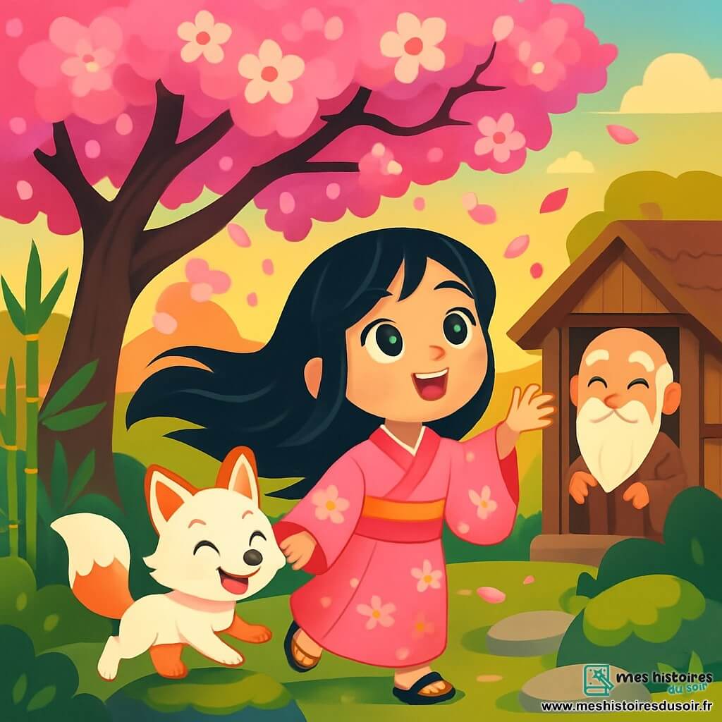 Hana, une jeune femme souriante aux grands yeux noirs, se tient sous un cerisier en fleurs, vêtue d'un kimono rose. Ses cheveux noirs flottent dans le vent alors qu'elle admire les pétales tombant autour d'elle. À ses côtés, Yuki, un petit renard blanc aux yeux malicieux, s'amuse sur une pierre. Un vieux sage, maître Botan, observe la scène avec bienveillance depuis sa chaumière. Le jardin enchanteur, baigné par la lumière dorée du soleil couchant, crée une atmosphère magique. Hana se prépare à écouter les histoires de Botan, entourée de pétales dansants.