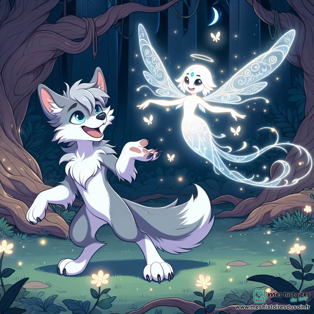 Dans une clairière enchantée de la Forêt Sombre, un petit loup nommé Léo, au pelage gris argenté et aux yeux brillants, chante joyeusement avec un esprit éthéré aux ailes translucides scintillantes. Léo, souriant et déterminé, danse légèrement. L'esprit, une créature délicate aux formes fluides et couleurs pastel, guide Léo dans leur chant, entourés de lucioles scintillantes. La clairière, baignée de lumière lunaire, est entourée d'arbres noueux qui semblent écouter. Des fleurs luminescentes créent un tapis coloré. Léo et l'esprit libèrent une mélodie vibrante, transformant l'atmosphère en un lieu de magie et de lumière.