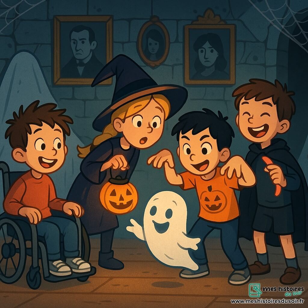 Quatre enfants se trouvent dans une vieille maison hantée : Maxence, 10 ans, est en fauteuil roulant, avec des cheveux bruns en bataille et un grand sourire. Clara, 9 ans, a de longs cheveux blonds tressés et porte un costume de sorcière. Lucas, 9 ans, a des cheveux noirs et un t-shirt orange avec une citrouille. Tom, 10 ans, a des cheveux châtains et une cape noire. La scène se déroule dans une maison abandonnée avec des murs en pierre, des toiles d'araignées et des meubles couverts de draps blancs. Une lanterne en forme de citrouille éclaire la pièce. Les enfants jouent avec Gustave, un petit fantôme mignon, créant une atmosphère joyeuse et mystérieuse.