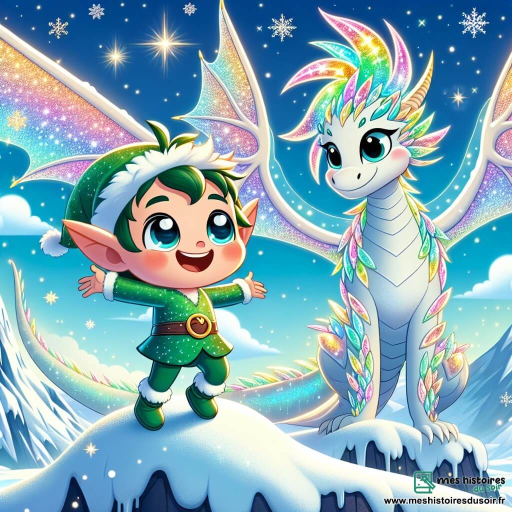 Un petit lutin nommé Piko, aux grandes oreilles pointues et aux yeux pétillants, porte une tunique verte brillante et danse joyeusement au sommet d'une montagne enneigée, entouré de cristaux de glace scintillants. À ses côtés, un dragon majestueux nommé Zéphyr, aux écailles irisées, déploie ses grandes ailes et observe Piko avec fierté. Ils célèbrent leur amitié après avoir retrouvé la lumière magique perdue dans la grotte des Ombres, créant une atmosphère féerique et chaleureuse.